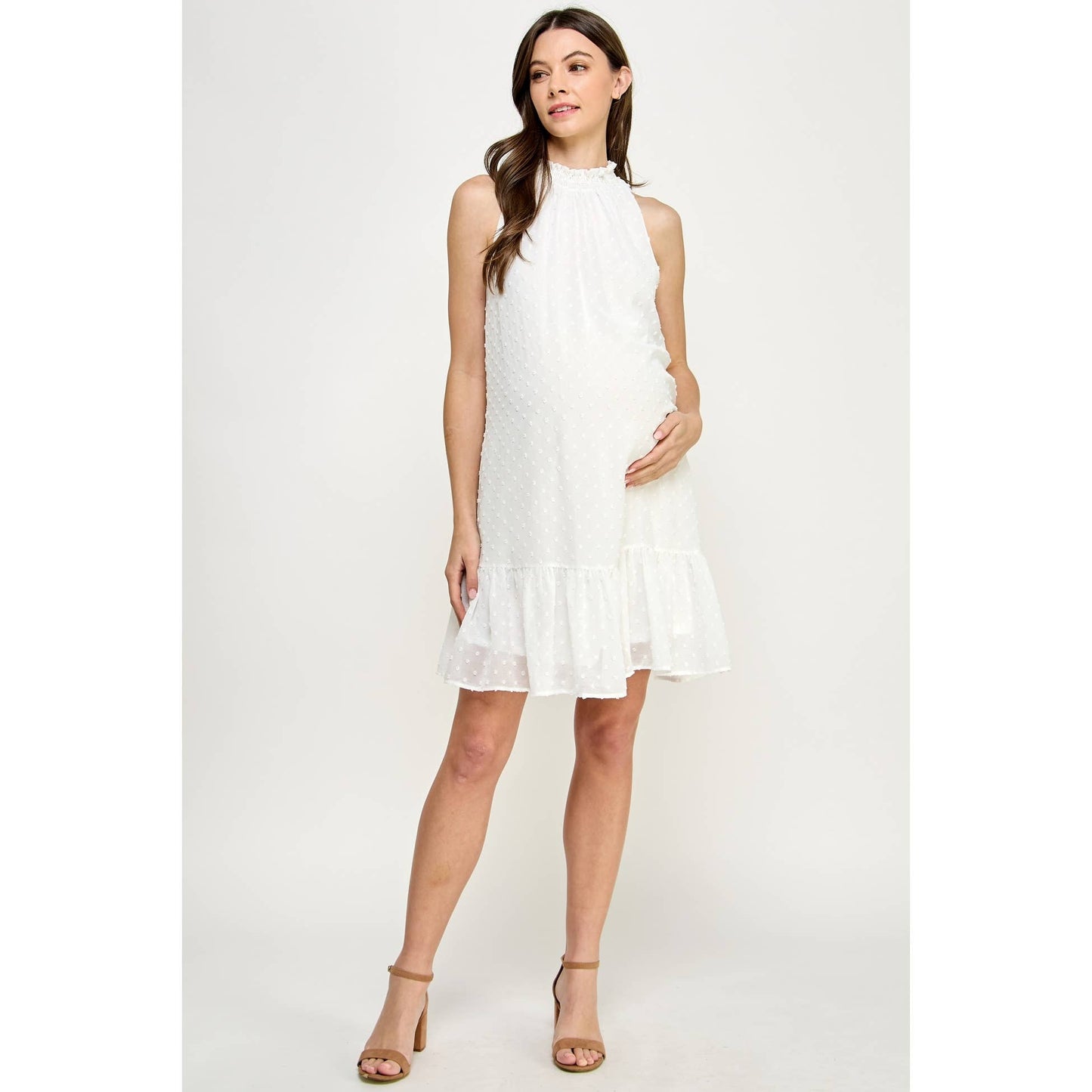 Mock Neck Swiss Dot Ruffled Maternity Dress