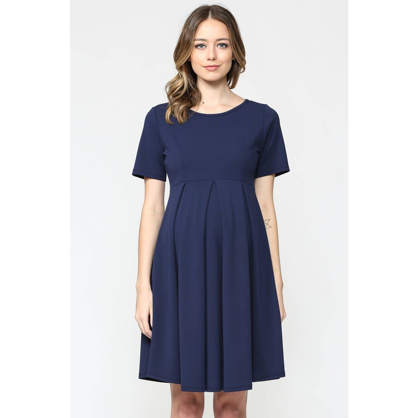 Pleated Round Neck Maternity Skater Dress