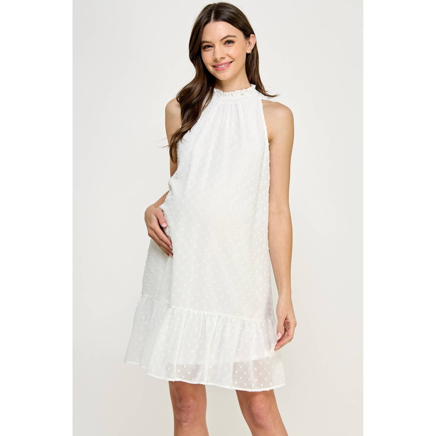 Mock Neck Swiss Dot Ruffled Maternity Dress