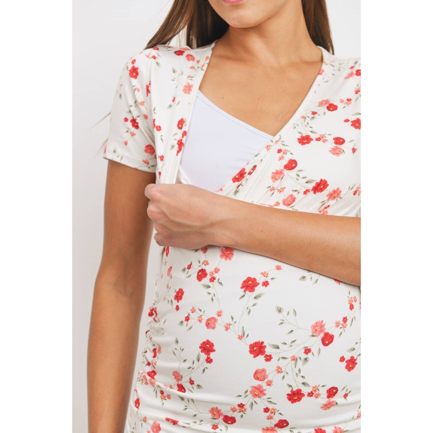 White Floral Short Sleeve Maternity Nursing Top