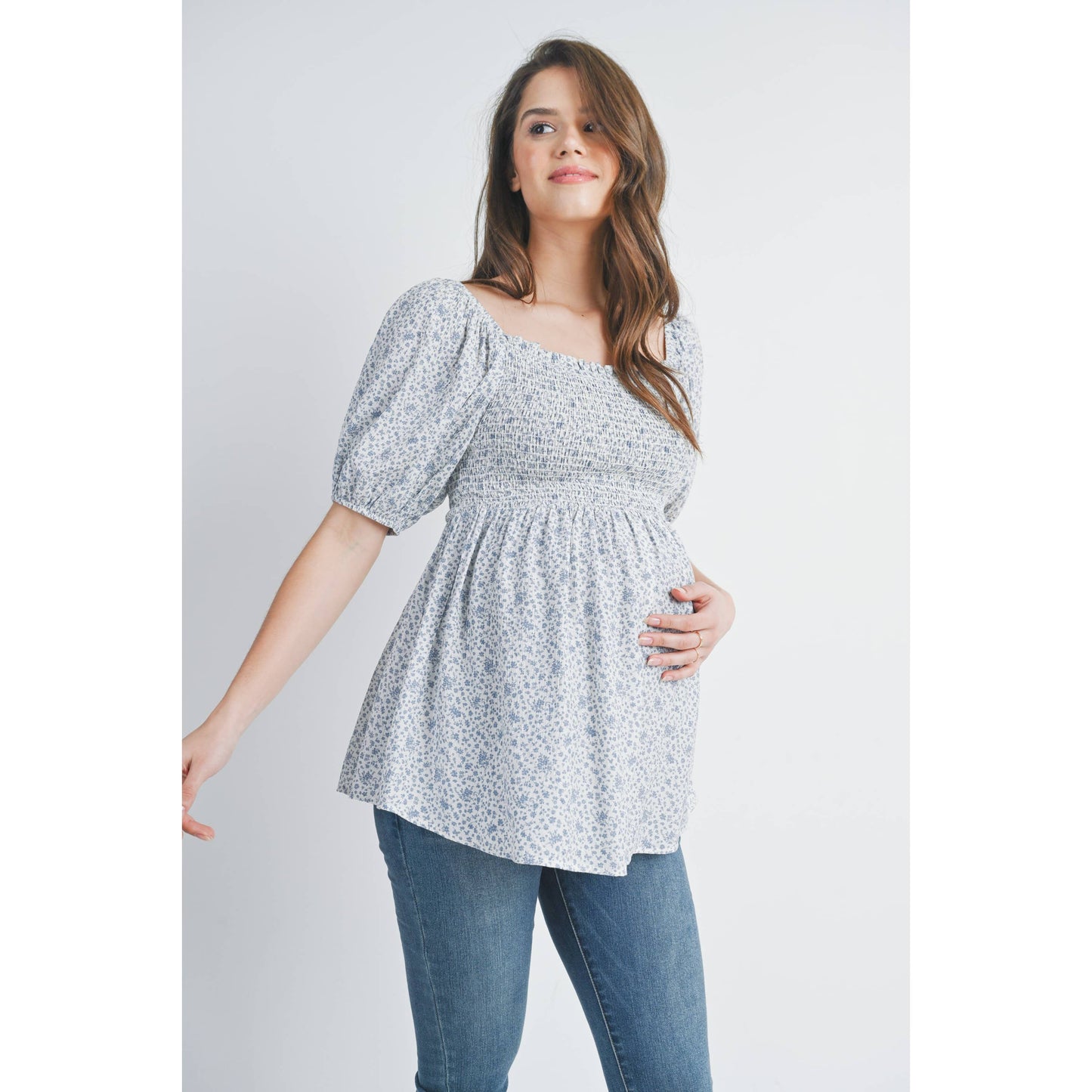 Floral Puff Sleeve Maternity Smocked Top
