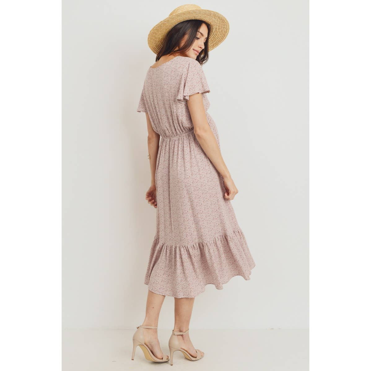Flutter Sleeve V-Neck Maternity Ruffle Midi Dress