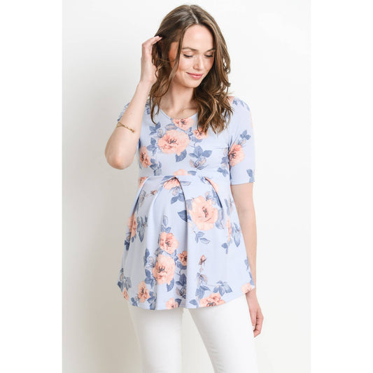 Pleated Quarter Sleeve Floral Maternity Top