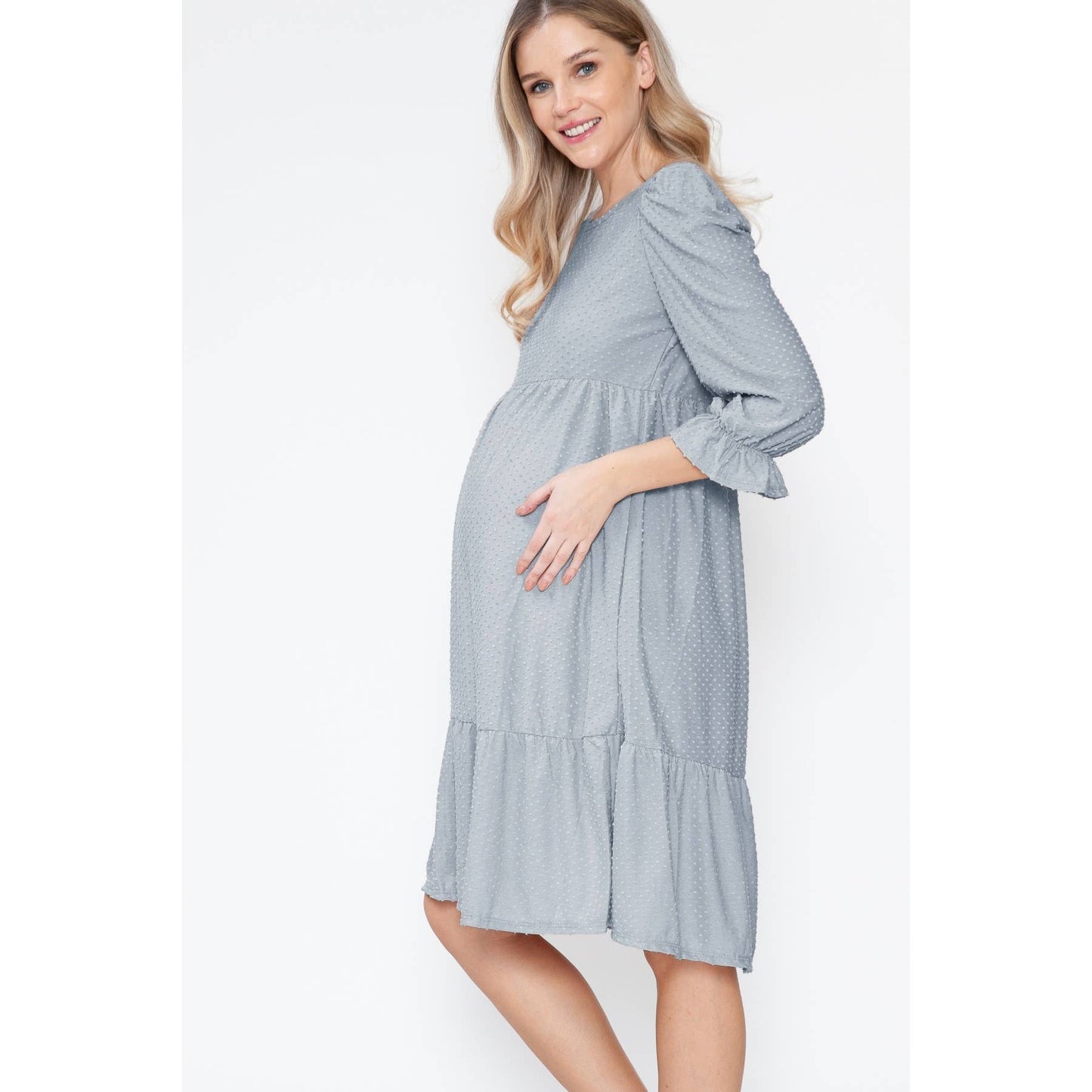 Maternity Swiss Dot Tiered Ruffle Balloon Sleeve Midi Dress