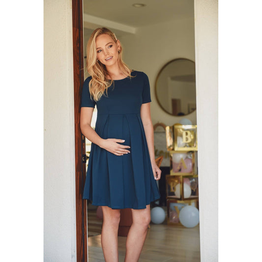 Pleated Round Neck Maternity Skater Dress