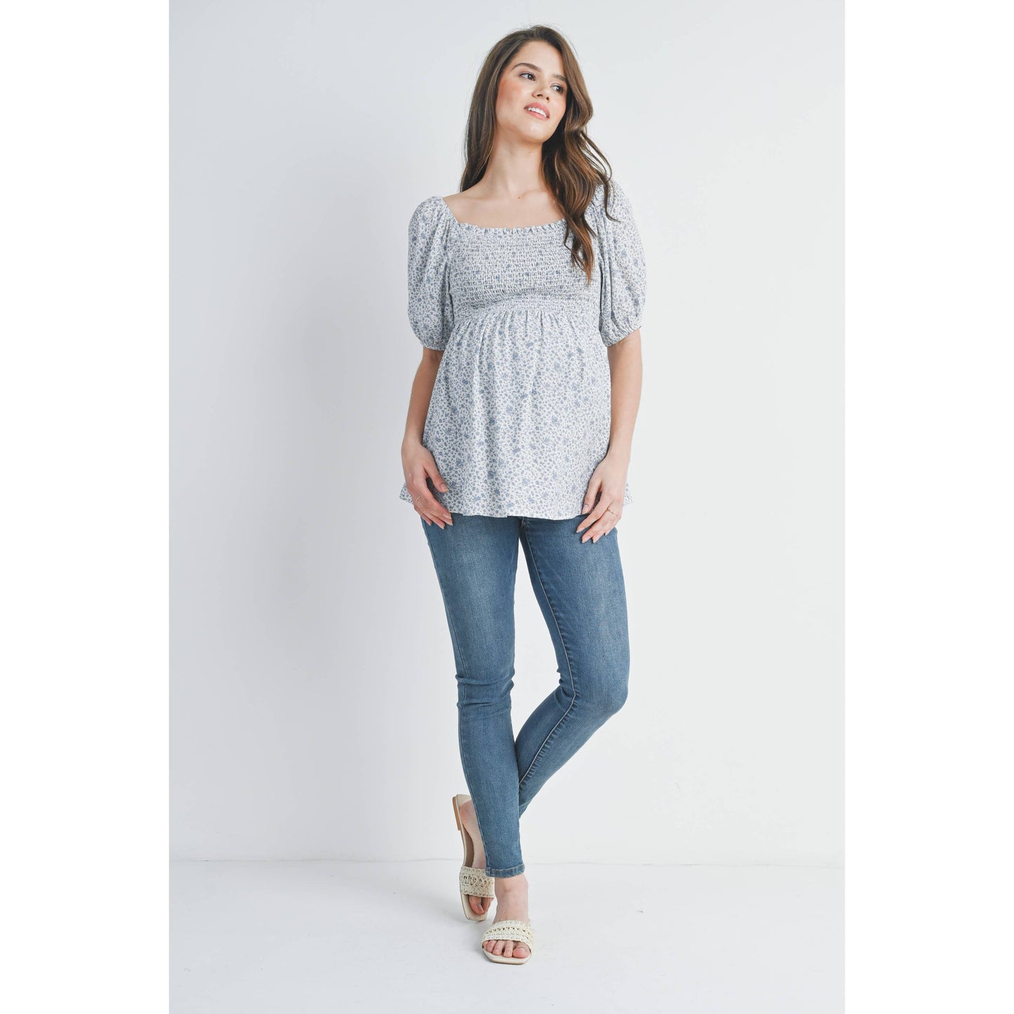 Floral Puff Sleeve Maternity Smocked Top