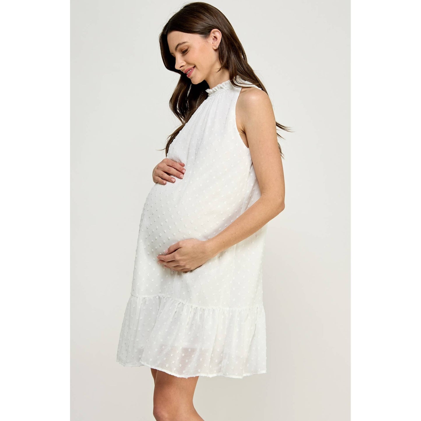 Mock Neck Swiss Dot Ruffled Maternity Dress